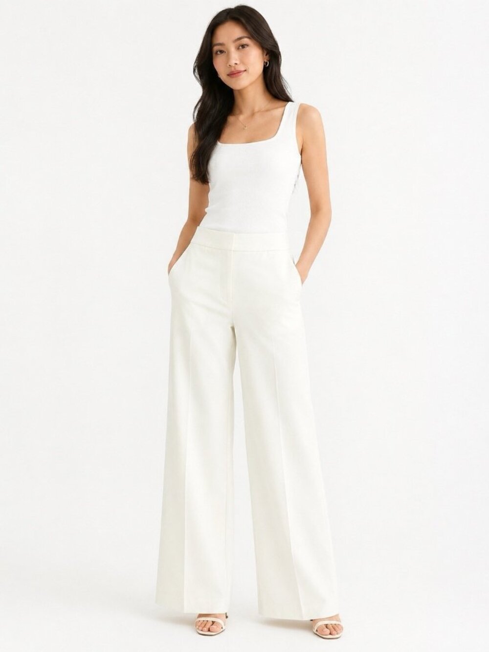 Calvin Klein Women's Mid-Rise Wide-Leg Pants Cotton Polyester White Size 10 $109